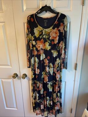 Women’s Enfocus Women Navy Floral Tiered Maxi Dress with Peach and Yellow Blooms